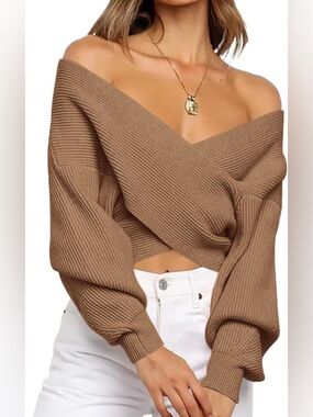 Off-Shoulder Cropped Knit Sweater in Camel